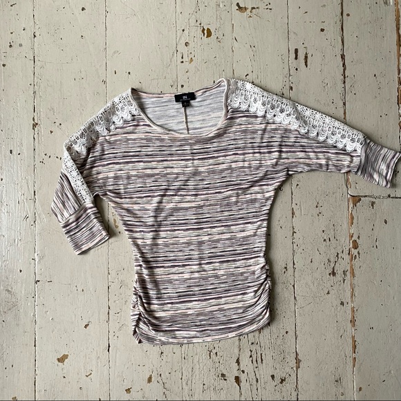 I.N. San Francisco Neutral Heathered Lace Insert Ruched Knit Sweater Top - Picture 6 of 14